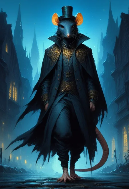 BREAK score_9, score_8_up, score_7_up, night time, city, ominous, rat, top hat, cloak, smug, hands in pockets, gold ring, pocket watch, walking cane, full body shot, (tail: 1.5)
(masterpiece, best quality, ultra detailed, intricate details:1.2), (detailed face:1.1), (rat folk:1.5) <lora:RPGRatFolkXL:1>