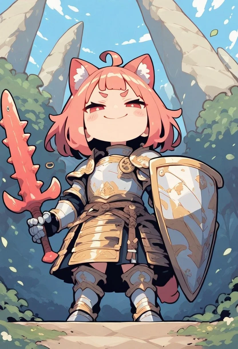 masterpiece, best quality, good quality, very awa, very aesthetic, absurdres, newest, (Perfect details),(****), 1girl, catgirl, cute, chibi, fish sword, armor, shield, smug