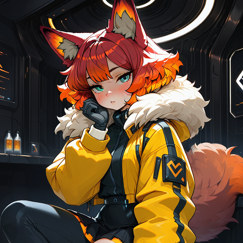 cyberpunk, parted lips, black pants, skirt, animal ear fluff, indoors, looking at viewer, fur trim, blush, animal ears, gloves