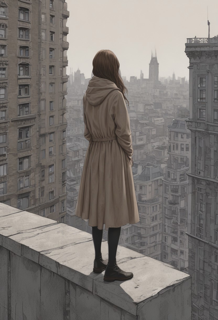 the girl is on the top of a building looking around in the distance, 1girl, solo, long hair, skirt, light brown hair, casual dress, arms behind back, gloomy, spooky, (masterpiece:1.4, best quality:1.4, illustration:1.4, ultra-detailed, best aesthetic)