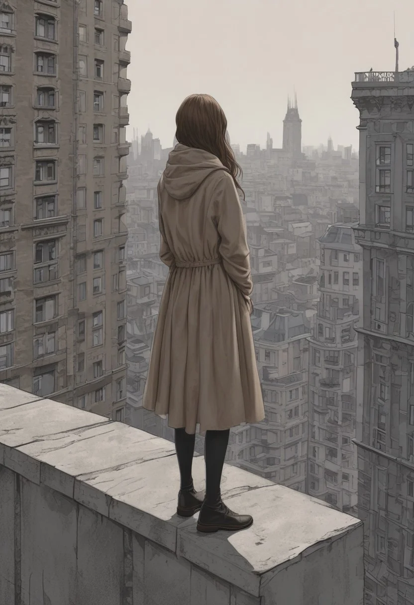 the girl is on the top of a building looking around in the distance, 1girl, solo, long hair, skirt, light brown hair, casual dress, arms behind back, gloomy, spooky, (masterpiece:1.4, best quality:1.4, illustration:1.4, ultra-detailed, best aesthetic)
