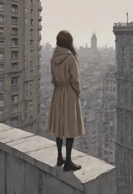 the girl is on the top of a building looking around in the distance, 1girl, solo, long hair, skirt, light brown hair, casual dress, arms behind back, gloomy, spooky, (masterpiece:1.4, best quality:1.4, illustration:1.4, ultra-detailed, best aesthetic)
