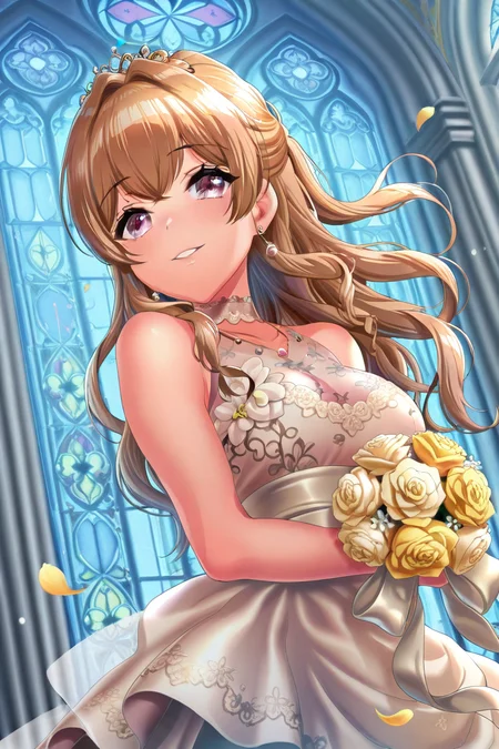 masterpiece, best quality, amazing quality,
 <lora:Kase_IL:1> kase, 1girl, dress, flower, bouquet, solo, long hair, purple eyes, jewelry, earrings, smile, tiara, petals, brown hair, looking at viewer, wedding dress, holding bouquet, breasts, rose, yellow flower, holding, stained glass, bangs, window, sleeveless, arch