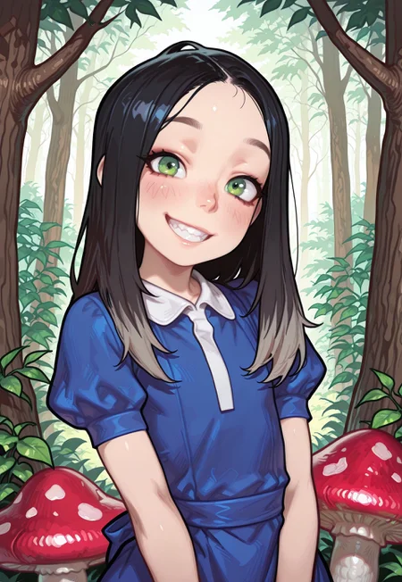 4k, fine detail, high quality eyes, masterpiece, best quality, amazing quality, geh1, 4s0r4, eigaka, possmach, artist:moriimee, 1 girl, solo girl, young, AMRAlice, black hair, long hair, green eyes, looking at viewer, upper body, blue dress, cute smile, grin, blush, v, day, mushroom forest, giant mushroom 