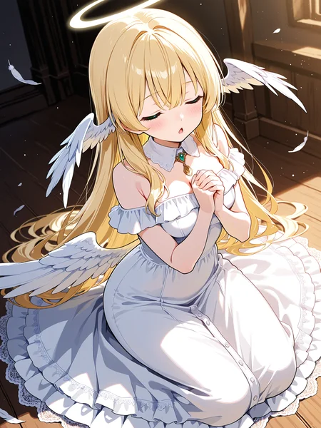 highres,absurdres,incredibly absurdres,huge filesize,full body,
1girl,solo,angel,green eyes,blonde hair,long hair,detached collar,white dress,blush,head wings,angel wings,long shiny white wings,long white silk dress with lace and ruffles,rustic artistic cinematic lighting detailed with ambient particles,feather ears,medium breasts,head wings covered eyes,(((eyes covered by head wings))),((closed head wings)),(crossed head wings),closed eyes,<lora:hand 5.5:1>,praying,frills,chestnut mouth,waist wings,kneeling,