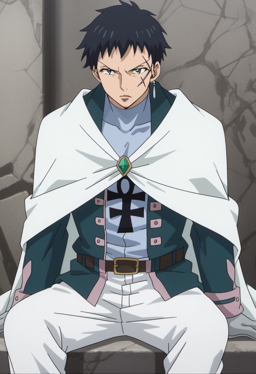 score_9, score_8_up, score_7_up, source_anime, rating_safe, MestFT, Mest scar, grey Mest earrings, 1boy, male focus, anime screencap, black Mesty hair, white Mest cloak, grey Mest gloves, blue Mest bodysuit, green Mest jacket, green Mest brooch, black-yellow Mest belt, white Mest pants, cropped feet, sitting,