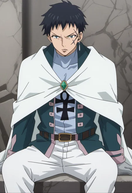 score_9, score_8_up, score_7_up, source_anime, rating_safe, MestFT, Mest scar, grey Mest earrings, 1boy, male focus, anime screencap, black Mesty hair, white Mest cloak, grey Mest gloves, blue Mest bodysuit, green Mest jacket, green Mest brooch, black-yellow Mest belt, white Mest pants, cropped feet, sitting,