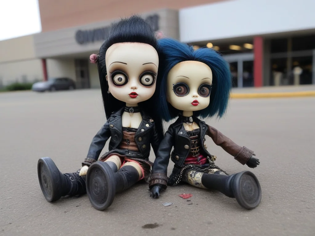 <lora:LowBrowXL:0.85>, creepy punk and steampunk 6lowbrow dolls, abandoned mall parking lot, lowbrow dolls on strewn pavement, in the style of lowbrow, HD-photo, realistic quality details,