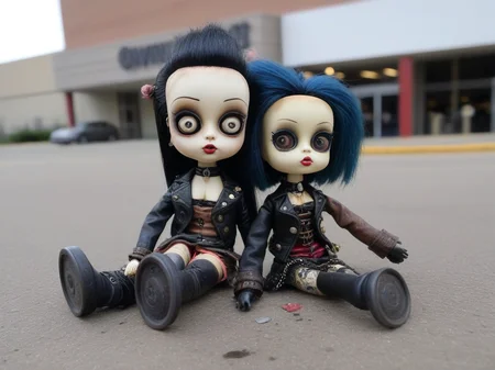 <lora:LowBrowXL:0.85>, creepy punk and steampunk 6lowbrow dolls, abandoned mall parking lot, lowbrow dolls on strewn pavement, in the style of lowbrow, HD-photo, realistic quality details,