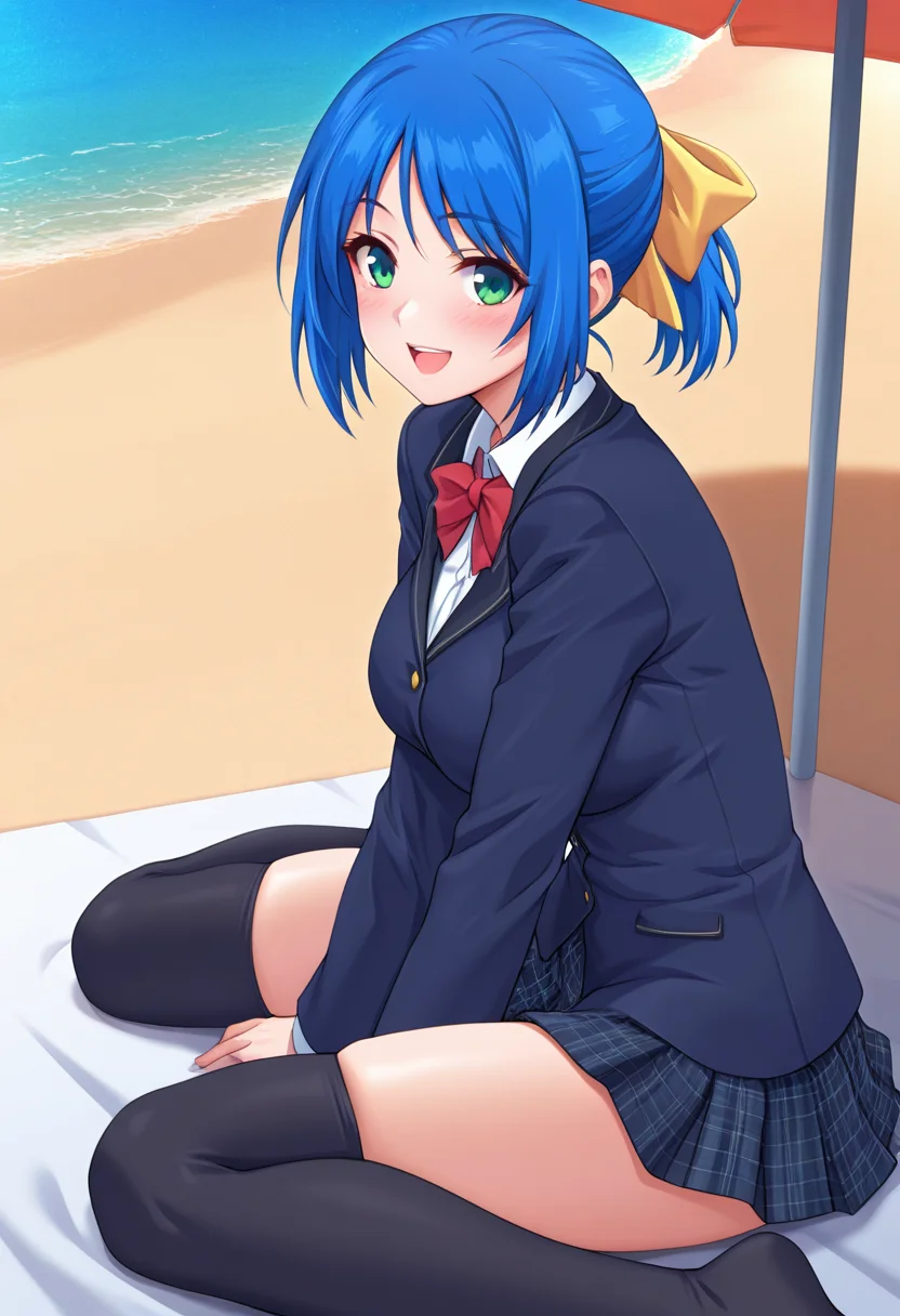 masterpiece, best quality, amazing quality, 1girl, solo, sanaeww, green eyes, blue hair, short hair, ponytail, yellow hair bow, medium breasts, school uniform, red bowtie, blazer, dark blue jacket, white collared shirt, long sleeves, plaid skirt, pleated skirt, black thighhighs, <lora:Kirishima_Sanae_Yoridori_ill:0.8>, from side, looking at viewer, smile, blush, open mouth, outdoors, beach, ocean, sand, beach umbrella, sitting, wariza, skindentation, detailed clothing folds, depth of field, sharp, high contrast, dynamic light