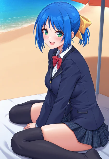 masterpiece, best quality, amazing quality, 1girl, solo, sanaeww, green eyes, blue hair, short hair, ponytail, yellow hair bow, medium breasts, school uniform, red bowtie, blazer, dark blue jacket, white collared shirt, long sleeves, plaid skirt, pleated skirt, black thighhighs, <lora:Kirishima_Sanae_Yoridori_ill:0.8>, from side, looking at viewer, smile, blush, open mouth, outdoors, beach, ocean, sand, beach umbrella, sitting, wariza, skindentation, detailed clothing folds, depth of field, sharp, high contrast, dynamic light