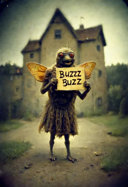 pinhole photo of a mysterious anthropomorphic giant house-fly creature holding a sign which reads “Buzzz!”
buzz