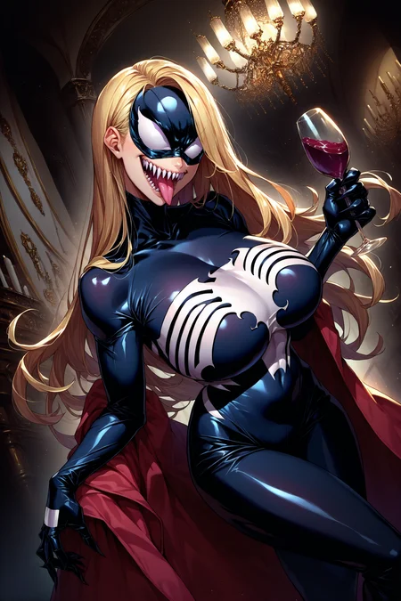 score_9, score_8_up, score_7_up, score_6_up, source_anime, 1girl, solo, <lora:shevenom-pdxl-nvwls-v1-000006:1> shevnm, mask, sharp teeth, tongue, black bodysuit, huge breasts, holding wineglass, mansion, chandelier, looking at you, blonde hair