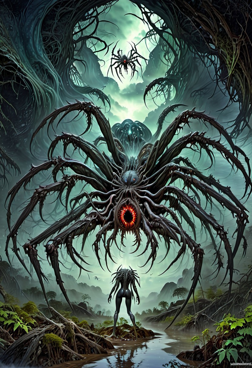 Boris Vallejo Art Style, lovecraftian monster, cthulhu, eldritch horror, watercolor painting, greg rutkowski, ab0m, a eyeless spider surrounded by darkness and clouds, walking through the woods, giant mouth with big sharp teeth, sharp claws, multiple maw, woman head, monster, giant spider, spider web, multiple eyes,