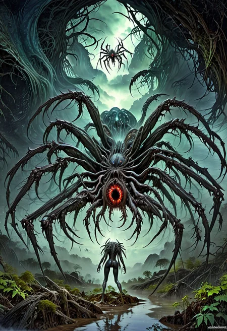 Boris Vallejo Art Style, lovecraftian monster, cthulhu, eldritch horror, watercolor painting, greg rutkowski, ab0m, a eyeless spider surrounded by darkness and clouds, walking through the woods, giant mouth with big sharp teeth, sharp claws, multiple maw, woman head, monster, giant spider, spider web, multiple eyes,