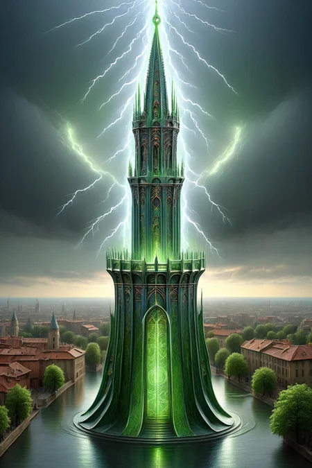 fantasy cs-m3tal-ok_v03-1600, a coloured line drawing of a mature Central African Tarot The Tower, struck by lightning, people falling from the top. Their bodies have networks of fine glowing (green:0.33) veins. Intricate, very detailed