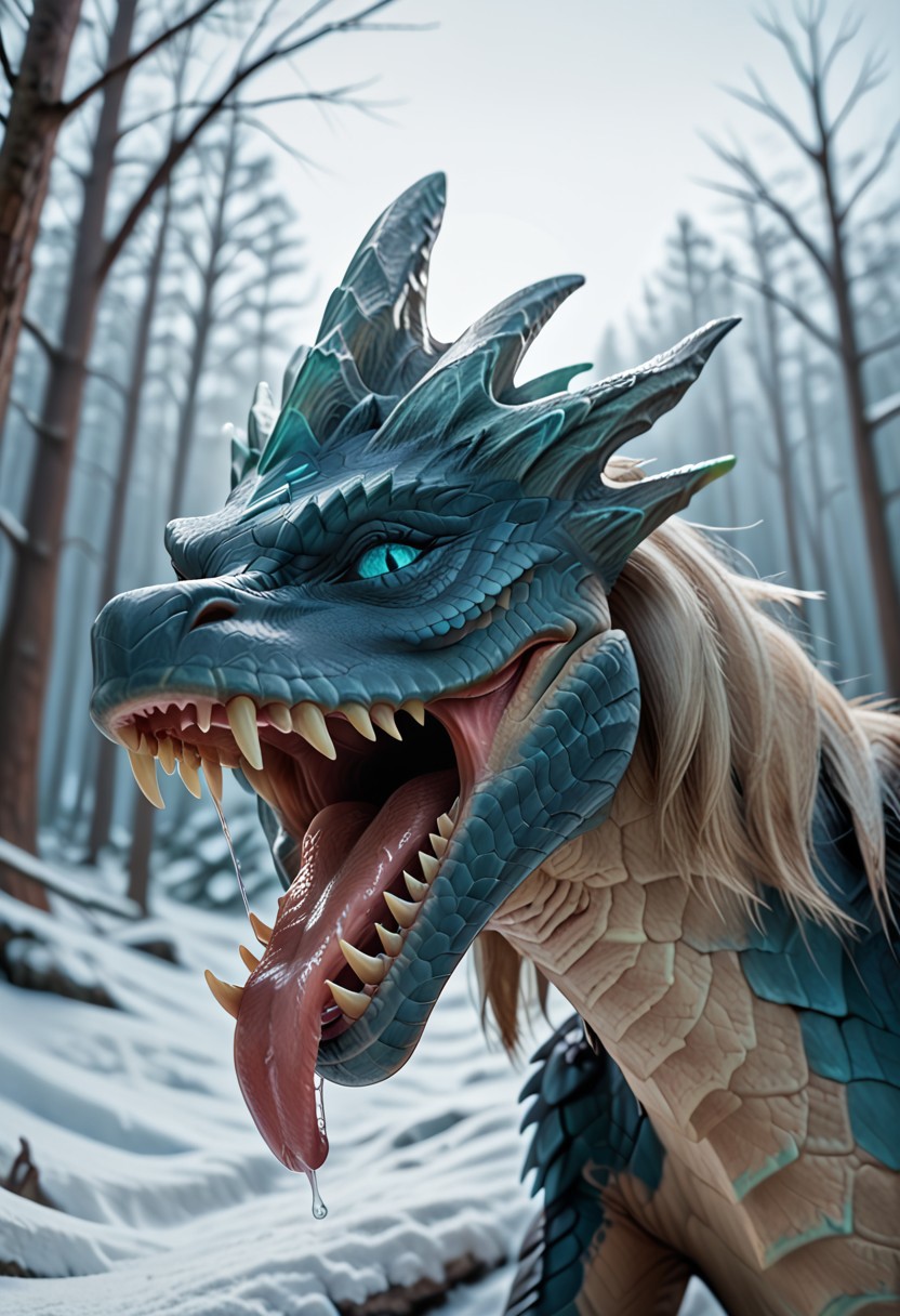 super realistic image ultra quality and super high resolution and sharp focus photorealistic style, Ultra-HD-details, nature, realistic teeth, Create a photorealistic image that shows a dragon, female, animal, winter_wyvern_dota2, no human, outdoors, open mouth, winter_wyvern_dota2 mouth, yawning, tongue out, side view, happy, digestion noises, sound effects, maw shot, throat, pretty pang, perfect tongue, perfect pangs, licking viewer, maw shot, extremely close up, oral vore invitation, swallowing viewer, wide open mouth, viewer's pov in the dragon's mouth, pov being swallowed,
mawshot, mouth close-up,