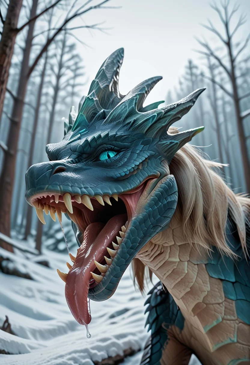 super realistic image ultra quality and super high resolution and sharp focus photorealistic style, Ultra-HD-details, nature, realistic teeth, Create a photorealistic image that shows a dragon, female, animal, winter_wyvern_dota2, no human, outdoors, open mouth, winter_wyvern_dota2 mouth, yawning, tongue out, side view, happy, digestion noises, sound effects, maw shot, throat, pretty pang, perfect tongue, perfect pangs, licking viewer, maw shot, extremely close up, oral vore invitation, swallowing viewer, wide open mouth, viewer's pov in the dragon's mouth, pov being swallowed,
mawshot, mouth close-up,