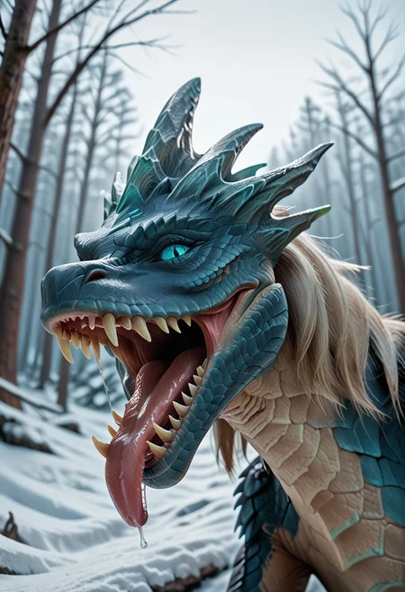 super realistic image ultra quality and super high resolution and sharp focus photorealistic style, Ultra-HD-details, nature, realistic teeth, Create a photorealistic image that shows a dragon, female, animal, winter_wyvern_dota2, no human, outdoors, open mouth, winter_wyvern_dota2 mouth, yawning, tongue out, side view, happy, digestion noises, sound effects, maw shot, throat, pretty pang, perfect tongue, perfect pangs, licking viewer, maw shot, extremely close up, oral vore invitation, swallowing viewer, wide open mouth, viewer's pov in the dragon's mouth, pov being swallowed,
mawshot, mouth close-up,