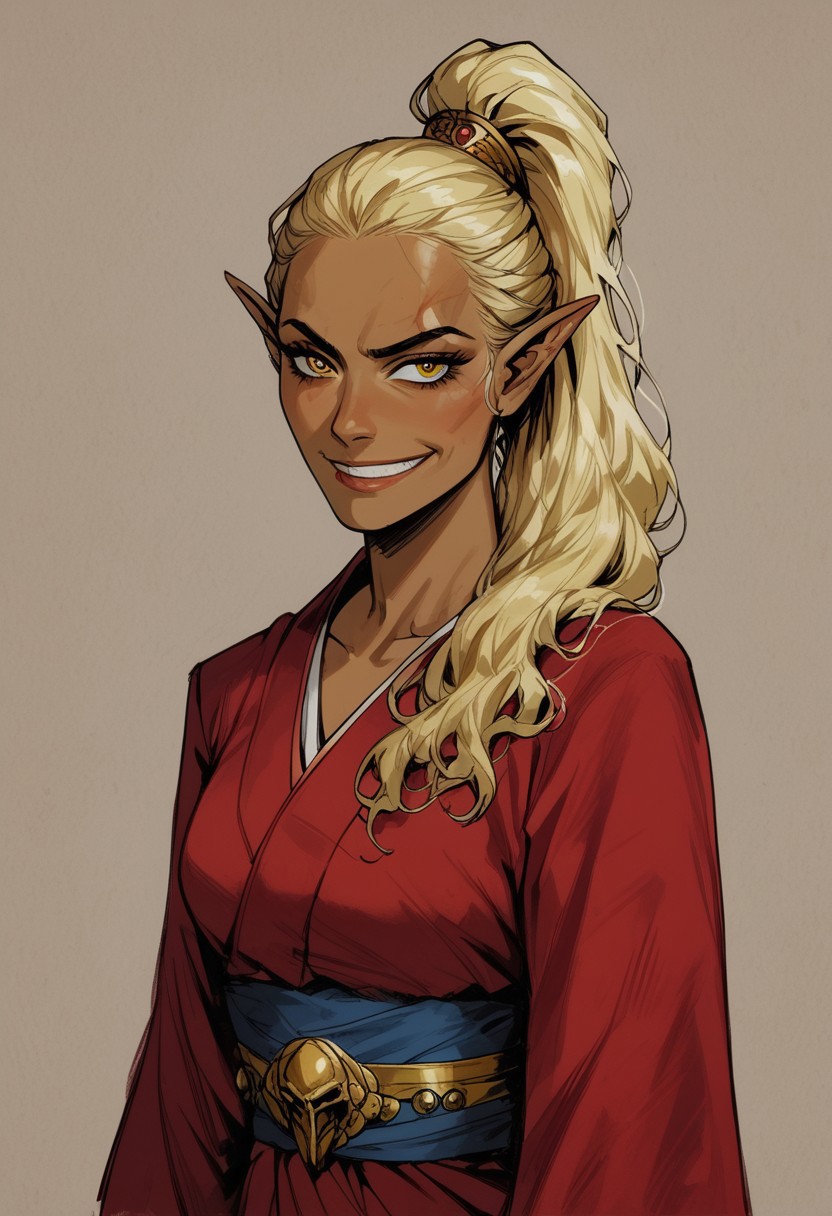 source_anime, traditional art, lineart, rating_safe, zPDXL, 4k quality, masterpiece):1.4),( best quality:1.1)(1girl, mature and imposing, bright blonde hair, golden hair, long hair, long ponytail, ponytail, elf, (((asian)), goldencolored skin, golden skin color, clear golden eyes, ((tanned skin)), (sunbathed skin)), ((sunny skin tone)) latina skin, latina skin color,, slim face, thin face, evil grin, arrogant, smirk, curvy, medium breasts, closed mouth, evil, evil grin, red toga, modest clothing, elegant clothing, kimono, red toga, red kimono, orian)
Show less<lora:Fant5yP0ny:0.6> <lora:fantasy_world_pony:0.9>
<lora:Cherry-Gig:0.55>