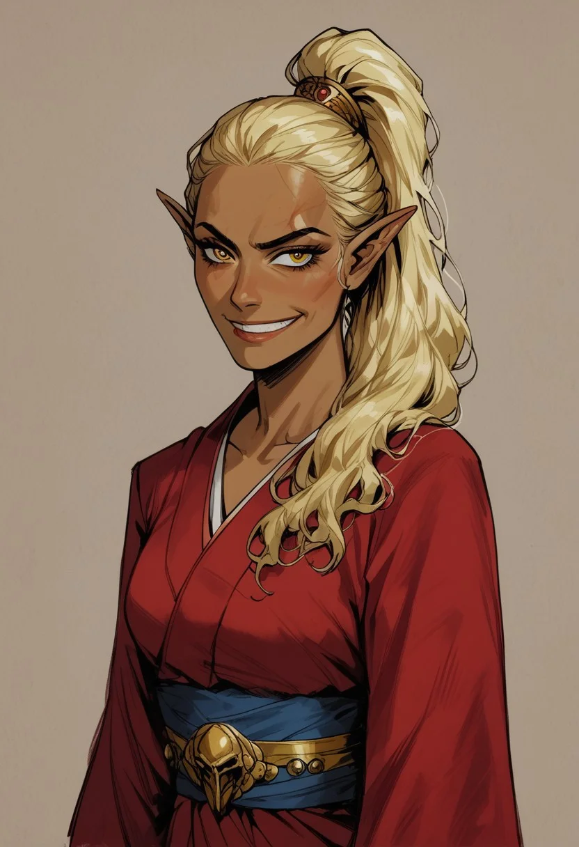 source_anime, traditional art, lineart, rating_safe, zPDXL, 4k quality, masterpiece):1.4),( best quality:1.1)(1girl, mature and imposing, bright blonde hair, golden hair, long hair, long ponytail, ponytail, elf, (((asian)), goldencolored skin, golden skin color, clear golden eyes, ((tanned skin)), (sunbathed skin)), ((sunny skin tone)) latina skin, latina skin color,, slim face, thin face, evil grin, arrogant, smirk, curvy, medium breasts, closed mouth, evil, evil grin, red toga, modest clothing, elegant clothing, kimono, red toga, red kimono, orian)
Show less<lora:Fant5yP0ny:0.6> <lora:fantasy_world_pony:0.9>
<lora:Cherry-Gig:0.55>