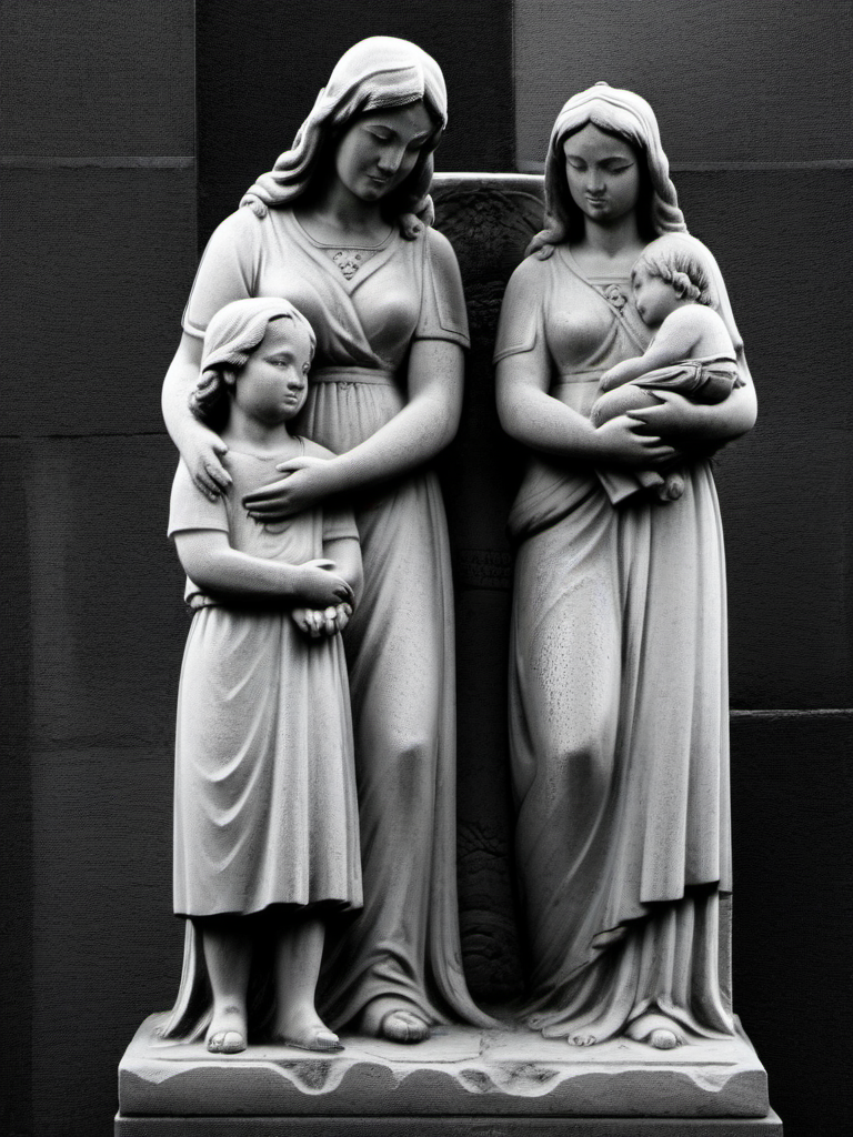 stone stature of a poor family , hard contrast , black and white <lora:talesofthegraveyard:1>
