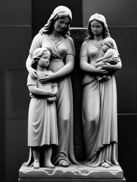 stone stature of a poor family , hard contrast , black and white <lora:talesofthegraveyard:1>
