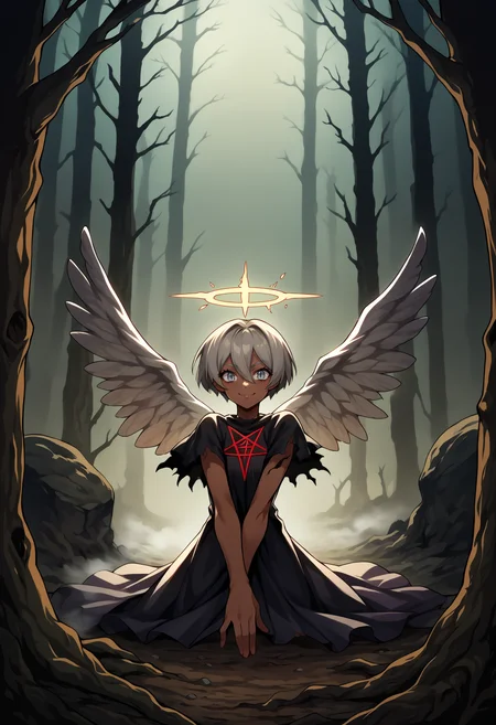 score_9, score_8_up,score_7_up, source_anime, 1girl, solo, <lora:EPpkBea:1>, short hair, grey hair, dark-skinned female, dark skin, hair between eyes, grey eyes, Saitou, vampire slayer, dark angel, corrupted angel, inverted cross, pentagram, cabin, woods, fog, horror \(theme\), angel wings, halo, dark aura, corruption, darkness, evil smile,