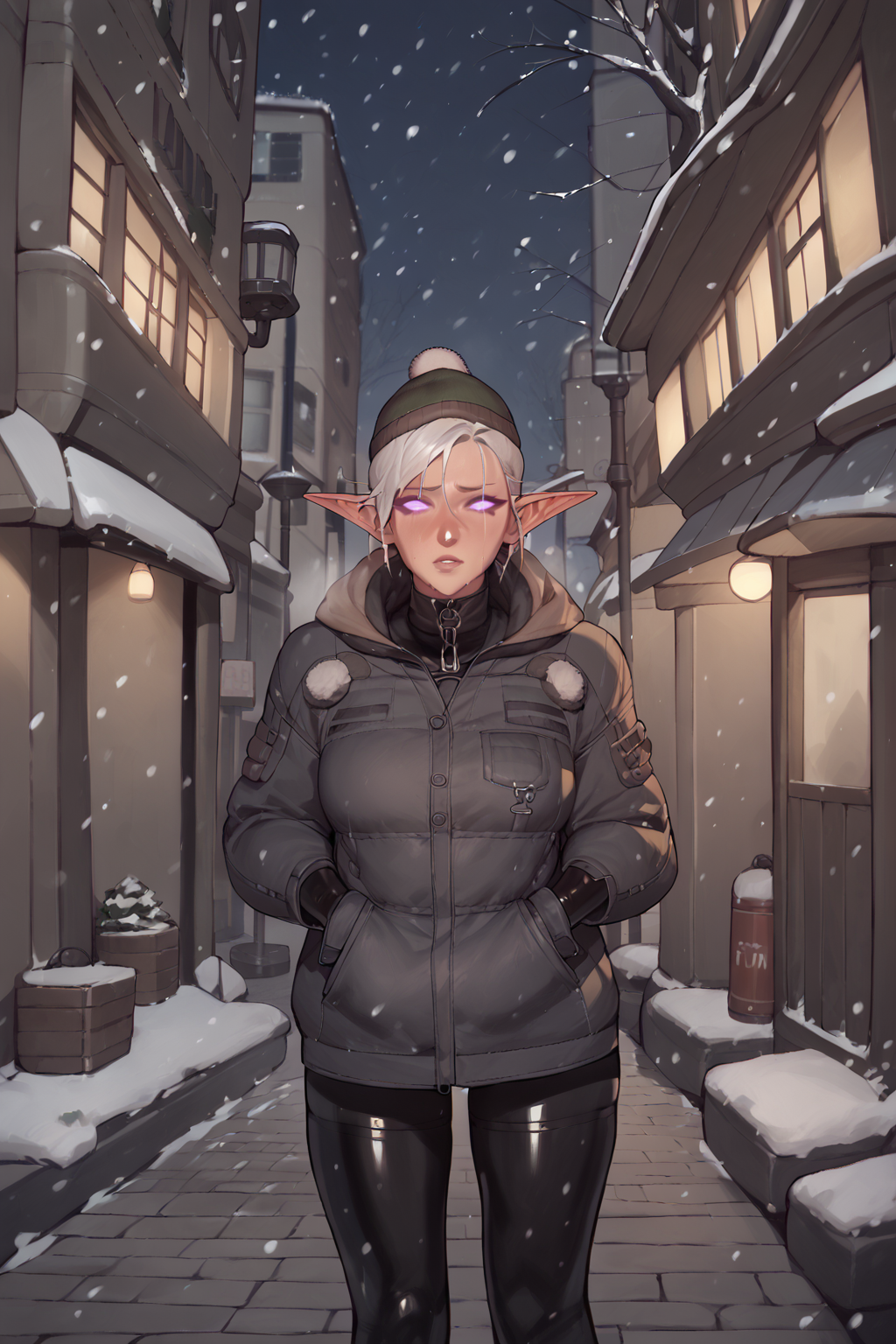 <lora:AsuraLycoXL:1> shot tom boy hair, long pointy ears,  elf, big boobs,  <lora:latex_under_clothes:1> latex under clothes, wearing a hoody, cold, outside in the city, snowing, winter, night,, , source_anime, score_9_up, score_7_up, score_8_up