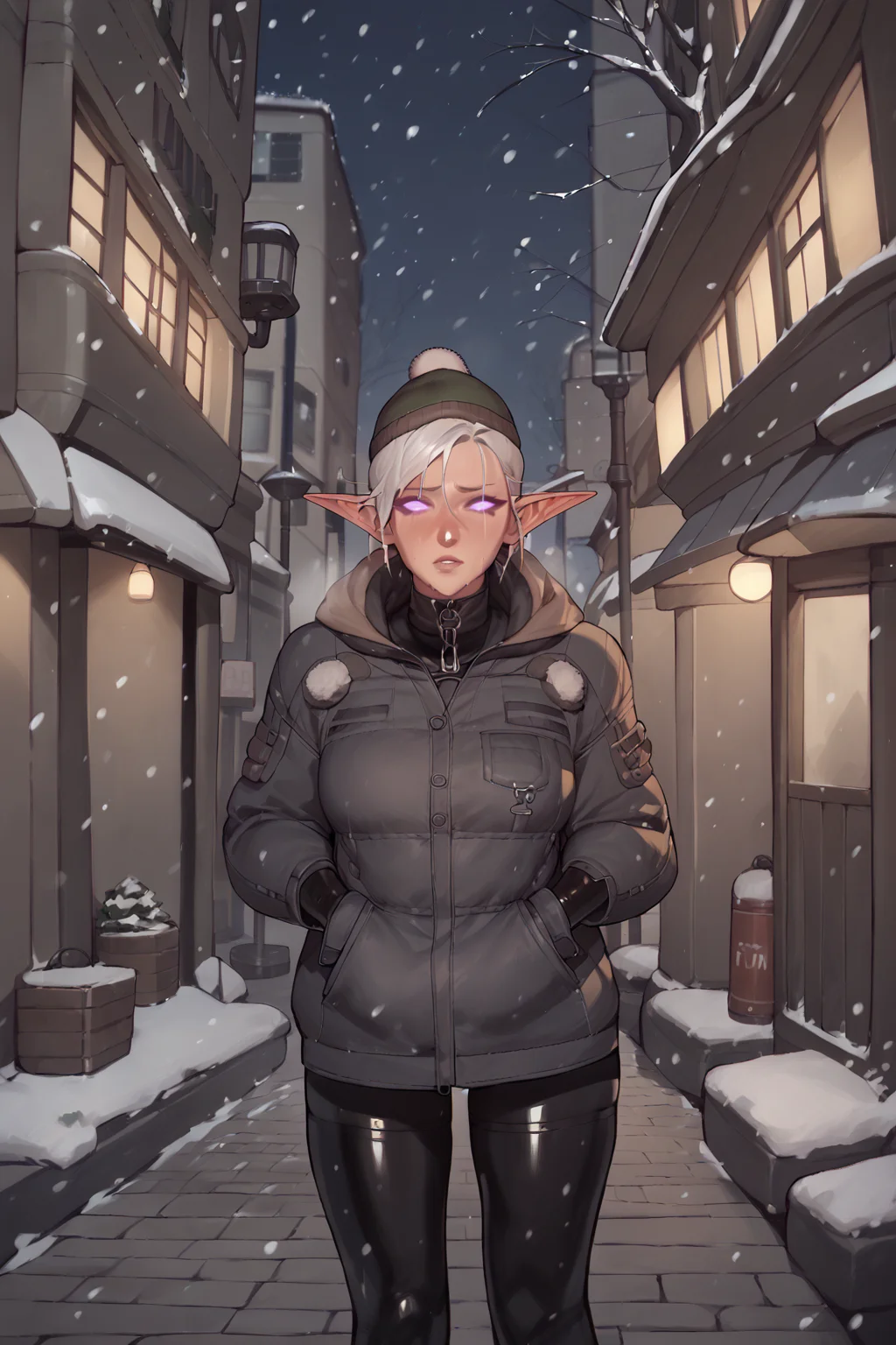 <lora:AsuraLycoXL:1> shot tom boy hair, long pointy ears, elf, big boobs, <lora:latex_under_clothes:1> latex under clothes, wearing a hoody, cold, outside in the city, snowing, winter, night,, , source_anime, score_9_up, score_7_up, score_8_up