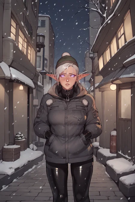 <lora:AsuraLycoXL:1> shot tom boy hair, long pointy ears, elf, big boobs, <lora:latex_under_clothes:1> latex under clothes, wearing a hoody, cold, outside in the city, snowing, winter, night,, , source_anime, score_9_up, score_7_up, score_8_up