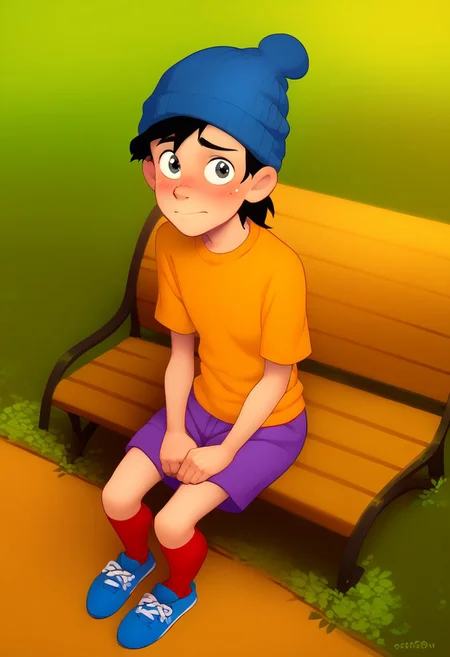 score_8, score_8_up, score_7_up, score_6_up, source_cartoon, flat shading, good_hands, BREAK, 1boy, solo, male focus,, Double D, beanie, black hair, orange shirt, purple shorts, red socks, blue shoe, park background, trees, pond, bench, sitting, looking at viewer, blushing, shy, embarrassed, from above,