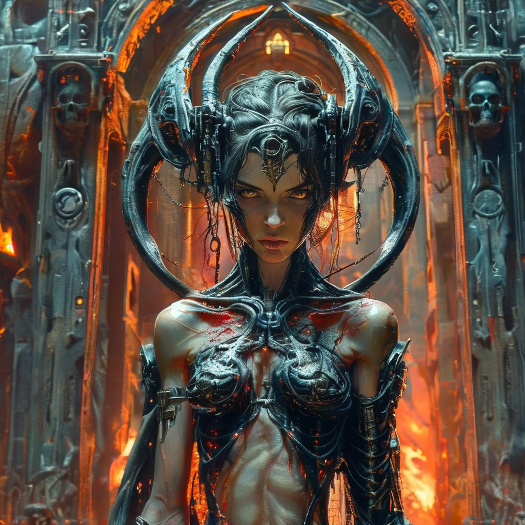 elysexa close up cyborg goddess lilith in front of the gate of the kingdom of hades, cinematic, darkness, very detailed<lora:elysexa:1>