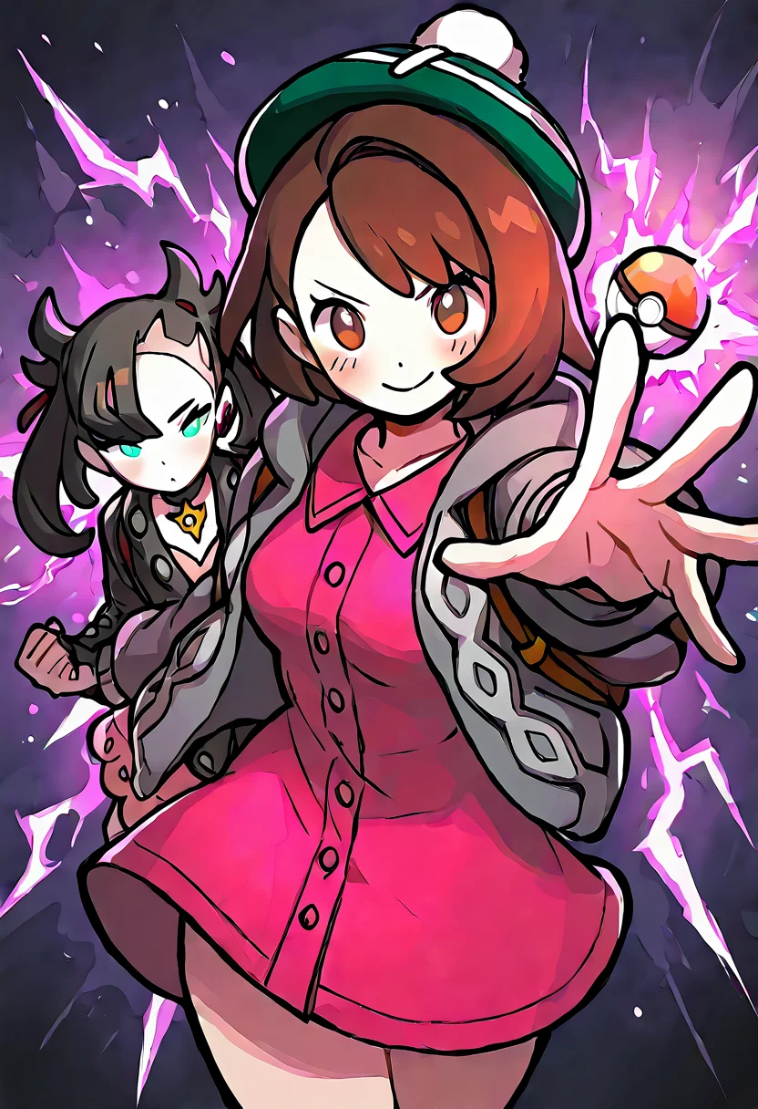 masterpiece, best quality, medium breasts, (curvy), BREAK, 2girls, zzMarnie, aqua eyes, black hair, black choker, red ribbon, pink dress, jewelry, black jacket, open clothes, long sleeves, Gloria (pokemon), brown hair, brown eyes, green hat, grey cardigan, hooded cardigan, cable knit, pink dress, green socks, long sleeves, collared dress, blush, happy, arm around waist, hand towards viewer, ,curvy, <lora:MarnieGloriaPokemon_NAI:1.0>,smile, looking at viewer, cowboy shot, aura, energy, electricity, dynamic pose, foreshortening, <lora:EnergyCAT_NAI:0.8>,