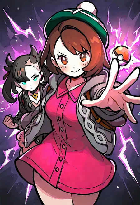 masterpiece, best quality, medium breasts, (curvy), BREAK, 2girls, zzMarnie, aqua eyes, black hair, black choker, red ribbon, pink dress, jewelry, black jacket, open clothes, long sleeves, Gloria (pokemon), brown hair, brown eyes, green hat, grey cardigan, hooded cardigan, cable knit, pink dress, green socks, long sleeves, collared dress, blush, happy, arm around waist, hand towards viewer, ,curvy, <lora:MarnieGloriaPokemon_NAI:1.0>,smile, looking at viewer, cowboy shot, aura, energy, electricity, dynamic pose, foreshortening, <lora:EnergyCAT_NAI:0.8>,