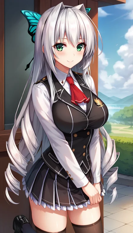 score_9,score_8_up,masterpiece,best quality,correct anatomy,anime_source,1girl,solo,perfect eyes,perfect arms,perfect legs,perfect face,outdoors,upper body,(portrait:1.5),looking at viewer,facing viewer,smile,blush,Tiana Havel Netherlands,very long hair,white hair,hair intakes,drill hair,butterfly hair ornament,sidelocks,bangs,green eyes,uniform,red ascot,black vest,white shirt,collared shirt,long sleeves shirt,large breasts,black thighhighs,miniskirt,black skirt,frilled skirt,pleated skirt,zettai ryouiki,black thighhighs,loafers,black footwear,<lora:Tiana Havel Netherlands(uq)-Pony:1.2>,