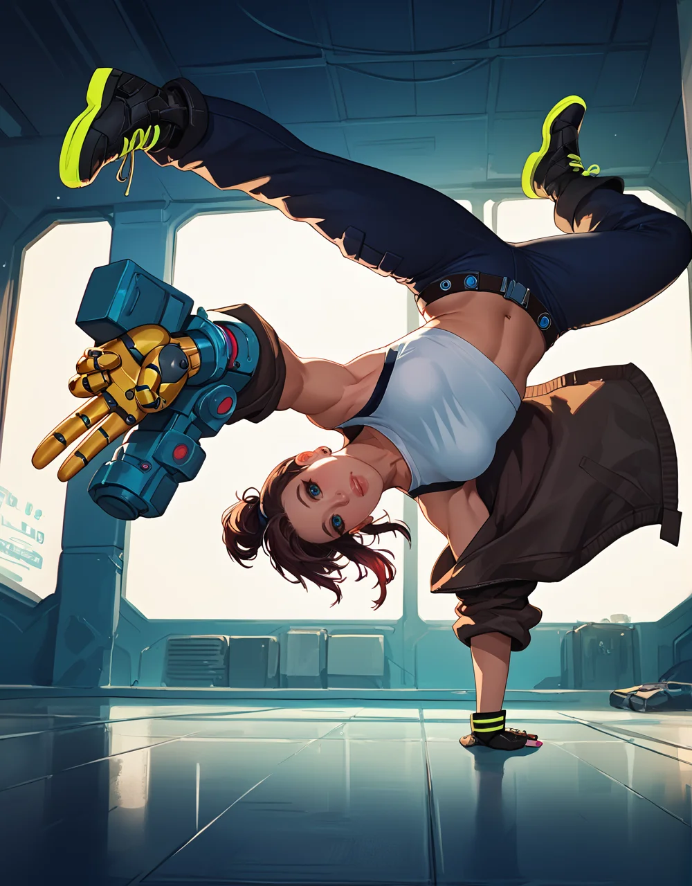 score_9, score_8_up, score_7_up, vibrant color, <lora:bdancepxl:0.9>, bdancepxl, 1girl, doing a handstand, one-handed stand, breakdance pose, pov, motion, boots,cyberpunk, peace sign, robotic arm
