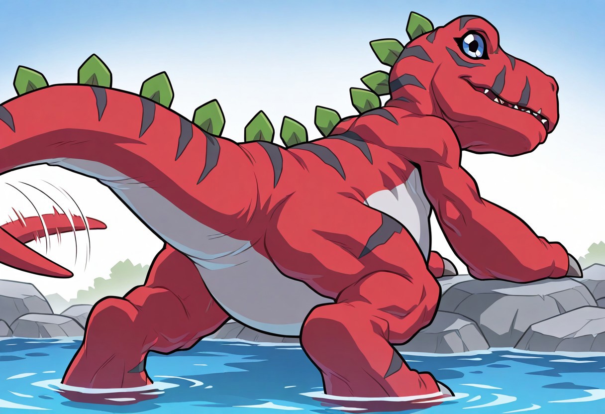 masterpiece,best quality,amazing quality, ultra high detail, good anatomy, perfect anatomy, anatomically correct hands, ultra detailed face, solo, handsome, male only, Tyrannomon, Tyranomon, red body on tyrannomon, Digimon, Digital, Monster, red body, green spines, blue eyes, white belly on just tyrannomon, feral, buff, male only, tail in view, wagging tail, grinning, relaxing in hotspring