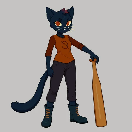 score_9, score_8_up <lora:MaeBorowski-PONY:0.8> mae borowski, night in the woods, female, standing, solo, full body, looking at viewer, shirt, pants, boots, baseball bat, dark