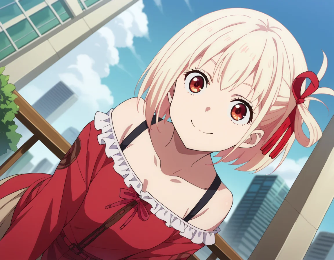 score_9, score_8_up, score_7_up, source_anime,
chisatonishikigi, <lora:chisato-nishikigi-s1-ponyxl-lora-nochekaiser:1>,
chisato nishikigi, short hair, bangs, blonde hair, red eyes, hair ribbon, one side up, bob cut,
shirt, bare shoulders, twintails, collarbone, hair ribbon, white shirt, frills, off shoulder, red ribbon, short twintails, off-shoulder shirt, frilled shirt, skirt,
outdoors, cityscape, smile, bent over,
looking at viewer, dutch angle, cowboy shot,