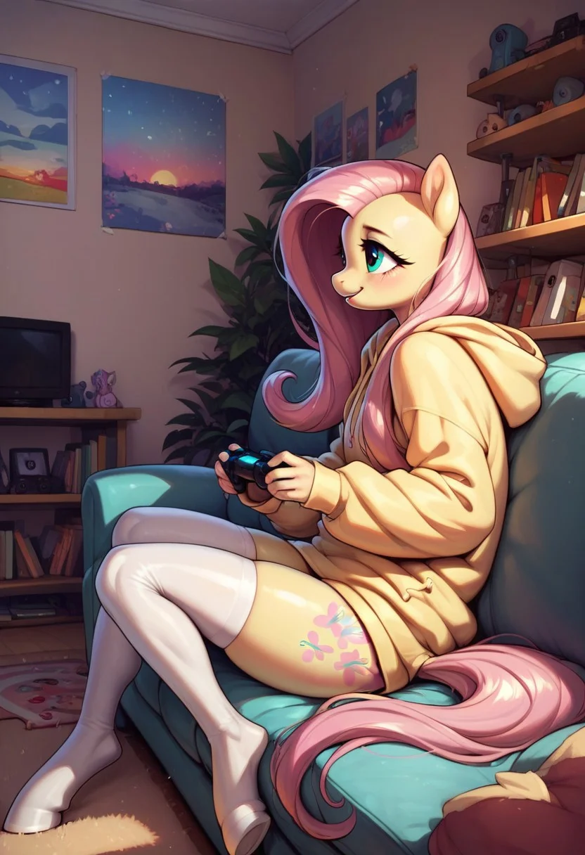 score_9, score_8_up, score_7_up, score_6_up, semi-realistic artwork, detailed background, high quality, vibrant colors, best quality rendering, intricate details, high resolution, sharp focus, best render quality, (background-living room, couch, television, videogame), side view,
1girl, solo, {Fluttershy (anthro pony) long hair, 18 yo, narrow shoulders, skinny, shiny skin,
oversized hoodie, white thigh-high socks,
dynamic pose, sitting couch, holding controller, playing videogames,
shy, happy,