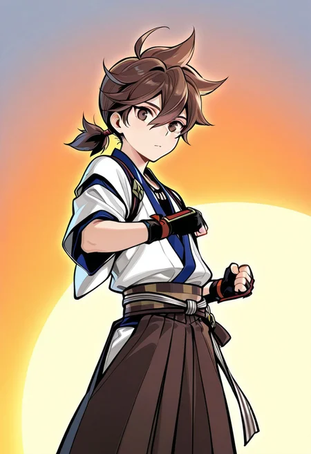 ace (seven knights), younglord, brown hair, short ponytail, brown eyes, looking at viewer, japanese clothes, simple hakama, fingerless gloves, solo