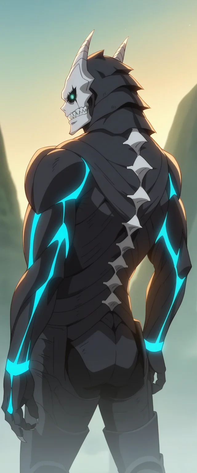 score_9,score_8_up, score_7_up, source_anime, BREAK
outdoors,
<lora:KafkaTestXL2:0.7>,kafkakaiju, 1boy, solo,glowing, glowing eyes, horns, sharp teeth, armor, aqua eyes, muscular male, looking at viewer, neon trim, black sclera, standing, claws,cowboy shot,from behind, looking back, spikes,
anime screencap, anime coloring, official art,