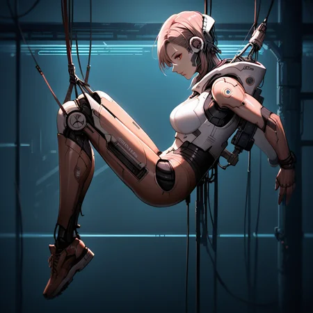 score_9,score_8_up,score_7_up,score_6_up,source_anime,rating_safe,1girl,solo, side profile, suspended by cables, tied in cables, <lora:CyberWare:0.8>cyb3rwar3, cyberware, cyborg, cybernetic lines, exposed mechanics back, neon lights, zPDXL2,