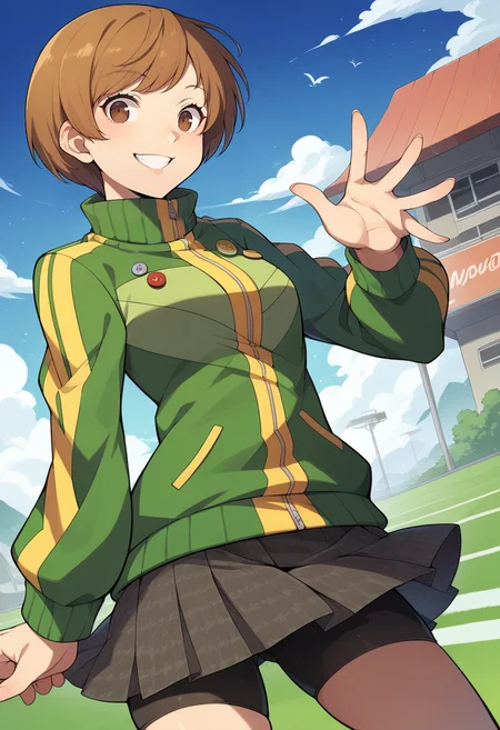 score_9, score_8_up, score_7_up, source_anime BREAK 1girl, solo,
 <lora:zs_ChieXL:1> chiedef, brown hair, short hair, brown eyes, green track jacket, badges, skirt, houndstooth, bike shorts, white socks, 
cowboy shot, smile, village
