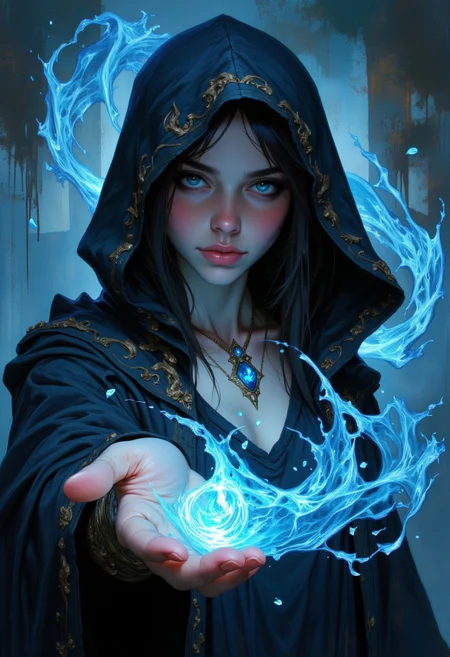 Unfazedfantasii, vantablack, OBxiaoxiang
photorealistic masterwork digital painting, hyper-realistic, 
A powerful young sorceress with piercing blue eyes and dark, flowing hair, casting a swirling wave of magical water around her. She wears an intricately detailed black hooded cloak adorned with a glowing blue gemstone pendant. Her expression is intense and focused as she manipulates the water with an outstretched hand, creating arcs and spirals of glowing liquid energy. The background is dark and mystical, with subtle mist and floating particles enhancing the magical atmosphere. The scene has dramatic lighting, emphasizing the cool blue glow of the water magic. The art style is highly detailed, semi-realistic fantasy with cinematic depth, dynamic lighting, and a painterly touch.
 The art style is highly detailed, cinematic, and fantasy-inspired, with a focus on dramatic lighting, soft glows, and a slightly dark, mystical mood.