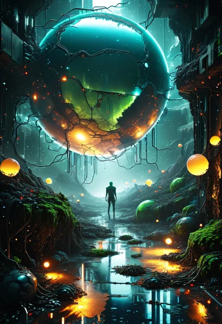 digital, masterpiece, EdobHorrorLandscape, brutalism, 8k wallpaper. crystal clear, perfect details, (detailed art), absurdres,
surface of alien planet, earie, dark, ground covered in wires, biological mess, covered in wires, huge alien sphere, (portal), in the middle, huge hand reaching out, horror, green glow, blue beam.
moody lights, atmospheric, zoom in,