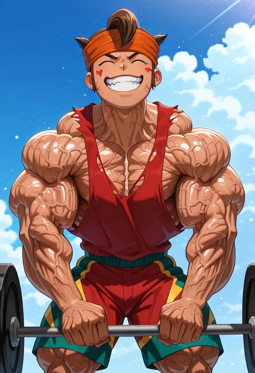 masterpiece, best quality, amazing quality, very aesthetic, absurdres, intricate details, five digits
, solo, 1boy, male focus, muscular male,clenched teeth, thick arms, weightlifting, exercise, veiny body, veiny arms, veiny neck, veiny face,
, <lora:nb-c_v2_IL-000025:1>,mamoru, 1boy, male focus, solo, closed eyes, brown hair, short hair, headband, smile, open mouth, shorts,heart emotes,anime, volumetric lighting, day, light particles,flexing,hulking out, muscular,torn clothes, roaring,hyper muscles growth, hyper muscles bigger,