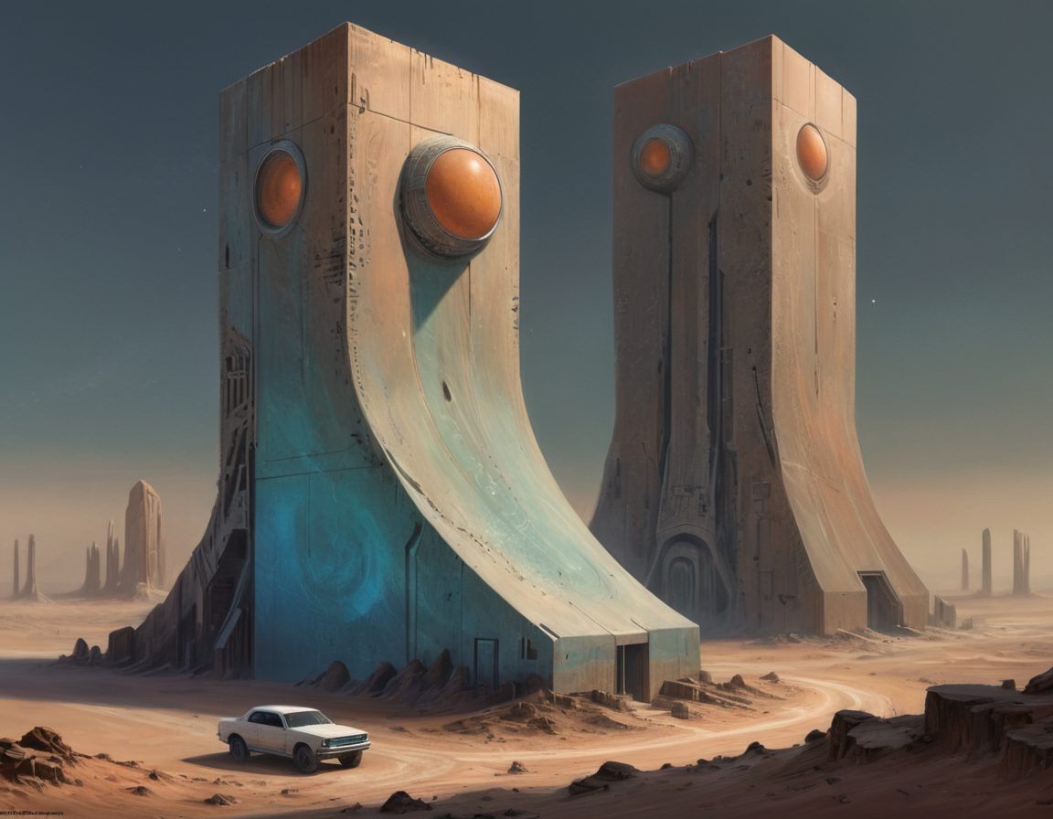 The remnants of the towering edifices resembled giant blocks scattered across the arid landscape, their sharp angles and geometric forms hinting at the alien architects who once inhabited this boxy world, b3ks1n