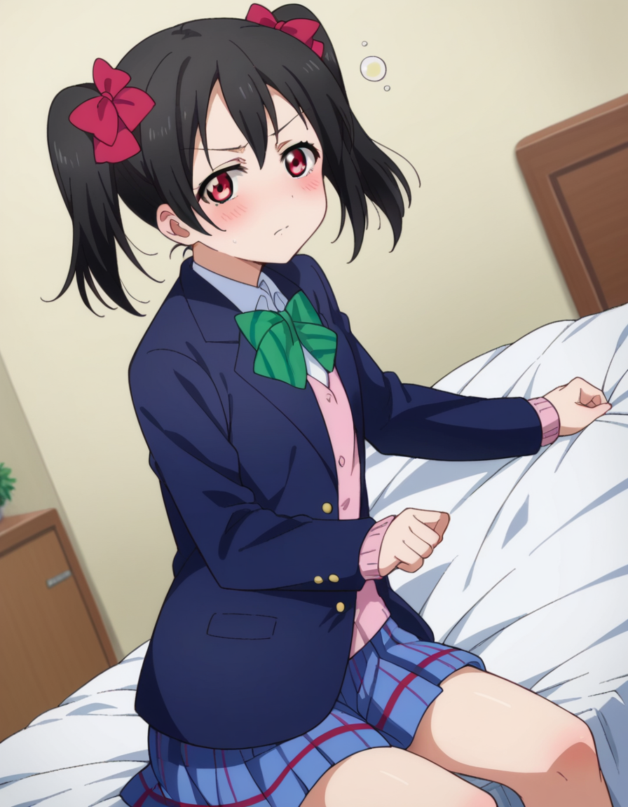 score_9, score_8_up, score_7_up, source_anime,
nikoyazawa, <lora:nico-yazawa-s1-ponyxl-lora-nochekaiser:1>,
niko yazawa, black hair, red eyes, bow, twintails, hair bow,
skirt, school uniform, jacket, blazer, winter uniform, otonokizaka school uniform,
indoors, bed, bed room, on side, blush, drunk,
looking at viewer, cowboy shot, dutch angle,